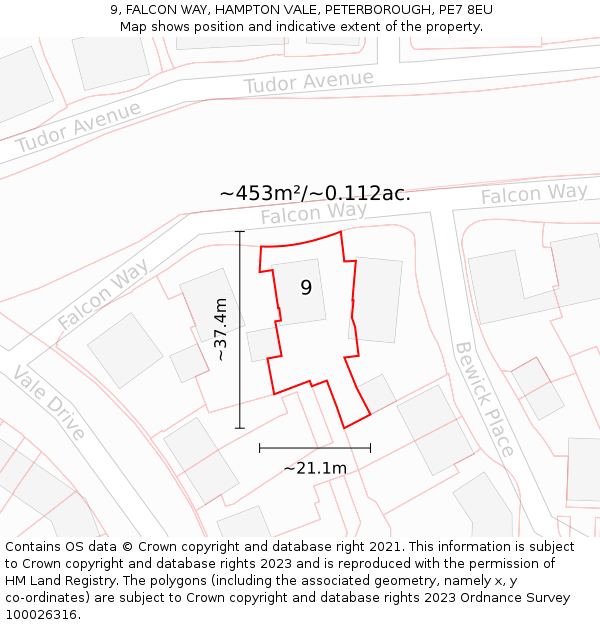 9, FALCON WAY, HAMPTON VALE, PETERBOROUGH, PE7 8EU: Plot and title map