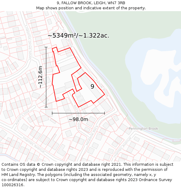 9, FALLOW BROOK, LEIGH, WN7 3RB: Plot and title map
