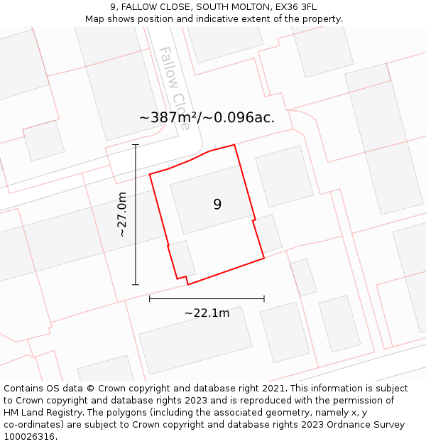 9, FALLOW CLOSE, SOUTH MOLTON, EX36 3FL: Plot and title map