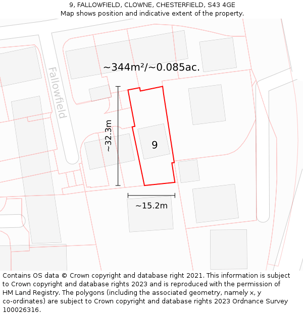 9, FALLOWFIELD, CLOWNE, CHESTERFIELD, S43 4GE: Plot and title map