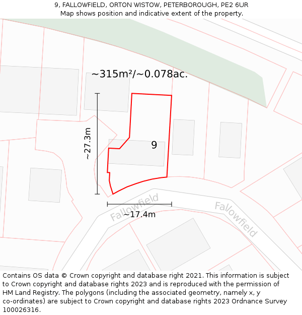 9, FALLOWFIELD, ORTON WISTOW, PETERBOROUGH, PE2 6UR: Plot and title map