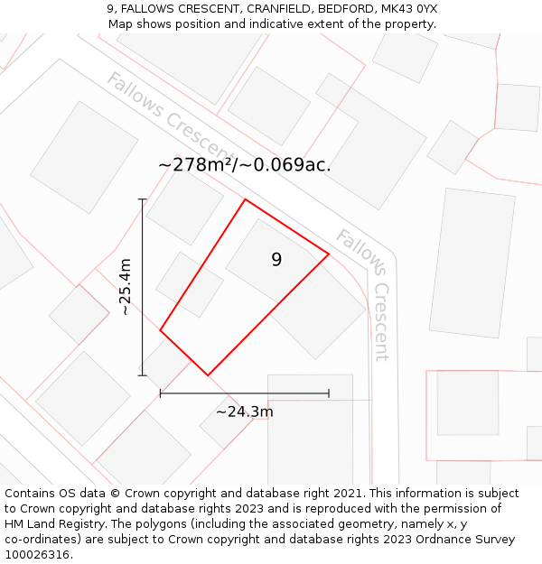 9, FALLOWS CRESCENT, CRANFIELD, BEDFORD, MK43 0YX: Plot and title map