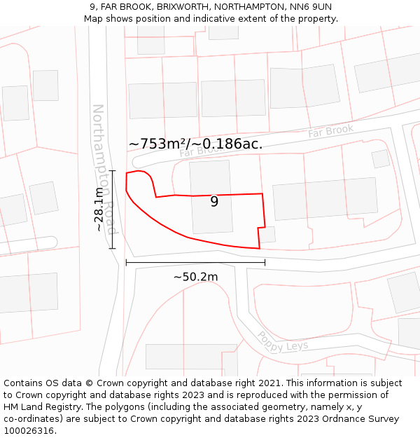 9, FAR BROOK, BRIXWORTH, NORTHAMPTON, NN6 9UN: Plot and title map