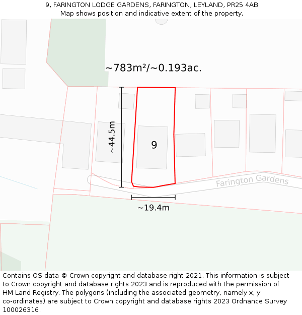 9, FARINGTON LODGE GARDENS, FARINGTON, LEYLAND, PR25 4AB: Plot and title map