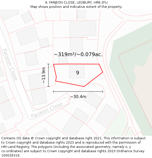 9, FARJEON CLOSE, LEDBURY, HR8 2FU: Plot and title map