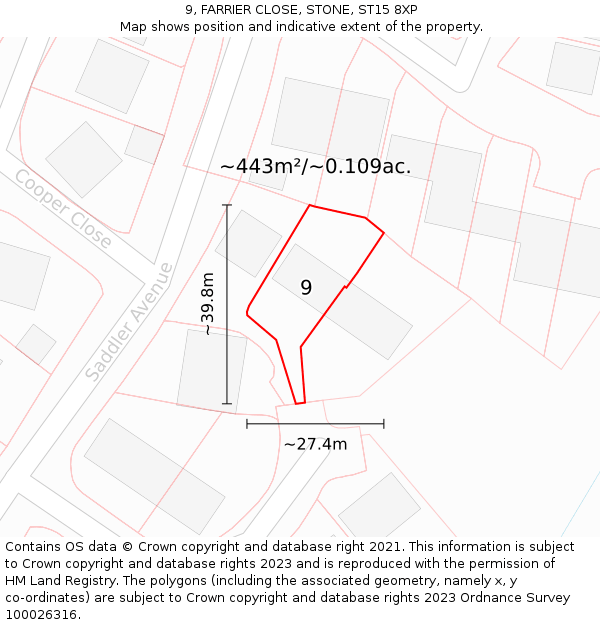 9, FARRIER CLOSE, STONE, ST15 8XP: Plot and title map
