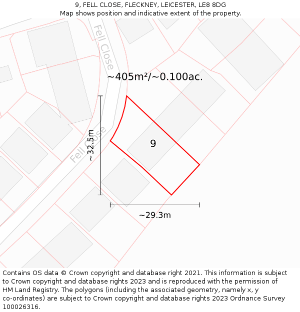 9, FELL CLOSE, FLECKNEY, LEICESTER, LE8 8DG: Plot and title map