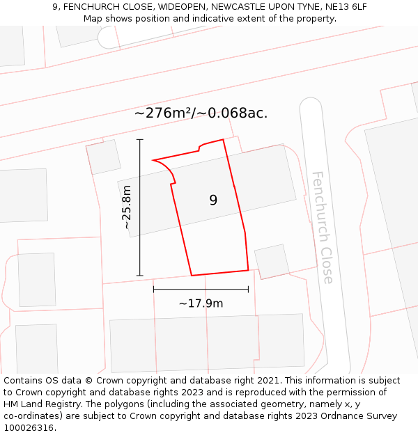 9, FENCHURCH CLOSE, WIDEOPEN, NEWCASTLE UPON TYNE, NE13 6LF: Plot and title map