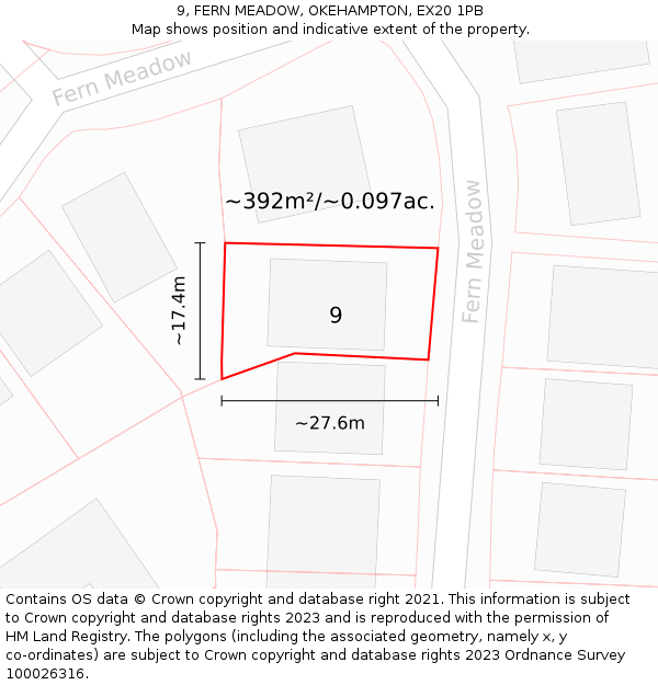 9, FERN MEADOW, OKEHAMPTON, EX20 1PB: Plot and title map