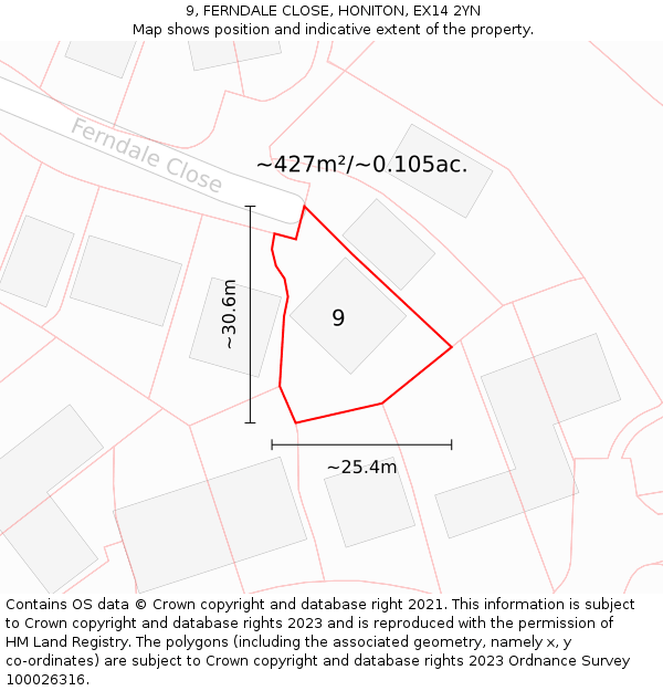 9, FERNDALE CLOSE, HONITON, EX14 2YN: Plot and title map