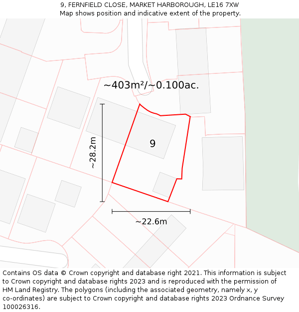 9, FERNFIELD CLOSE, MARKET HARBOROUGH, LE16 7XW: Plot and title map