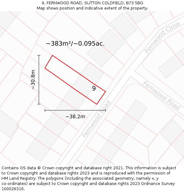 9, FERNWOOD ROAD, SUTTON COLDFIELD, B73 5BG: Plot and title map