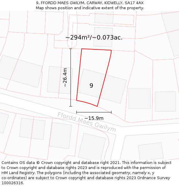 9, FFORDD MAES GWILYM, CARWAY, KIDWELLY, SA17 4AX: Plot and title map