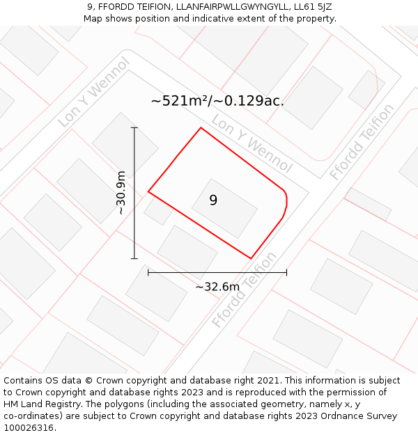 9, FFORDD TEIFION, LLANFAIRPWLLGWYNGYLL, LL61 5JZ: Plot and title map