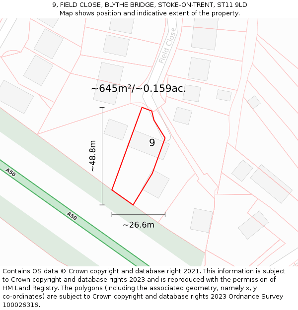 9, FIELD CLOSE, BLYTHE BRIDGE, STOKE-ON-TRENT, ST11 9LD: Plot and title map
