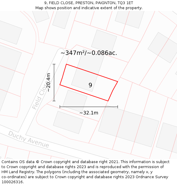 9, FIELD CLOSE, PRESTON, PAIGNTON, TQ3 1ET: Plot and title map