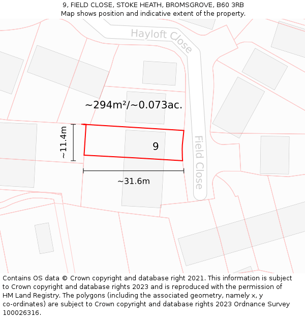 9, FIELD CLOSE, STOKE HEATH, BROMSGROVE, B60 3RB: Plot and title map