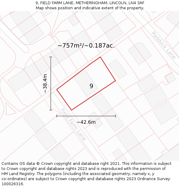 9, FIELD FARM LANE, METHERINGHAM, LINCOLN, LN4 3AF: Plot and title map