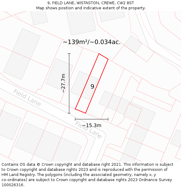 9, FIELD LANE, WISTASTON, CREWE, CW2 8ST: Plot and title map