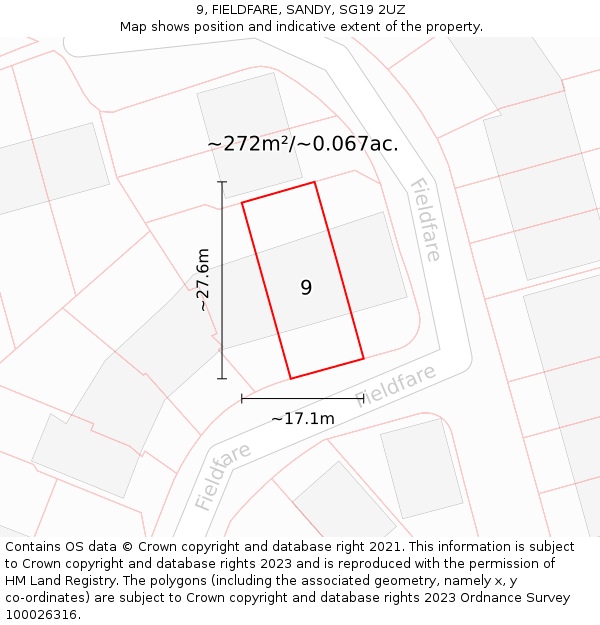 9, FIELDFARE, SANDY, SG19 2UZ: Plot and title map