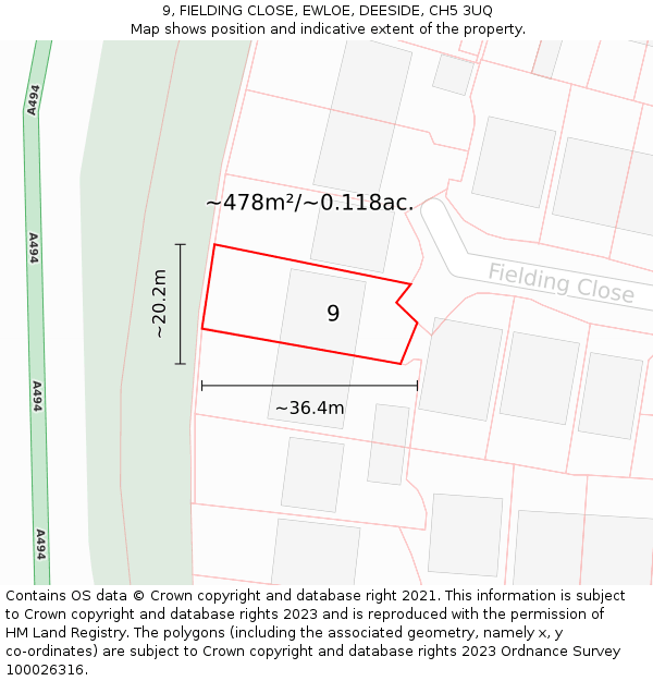 9, FIELDING CLOSE, EWLOE, DEESIDE, CH5 3UQ: Plot and title map