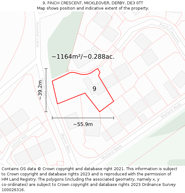 9, FINCH CRESCENT, MICKLEOVER, DERBY, DE3 0TT: Plot and title map