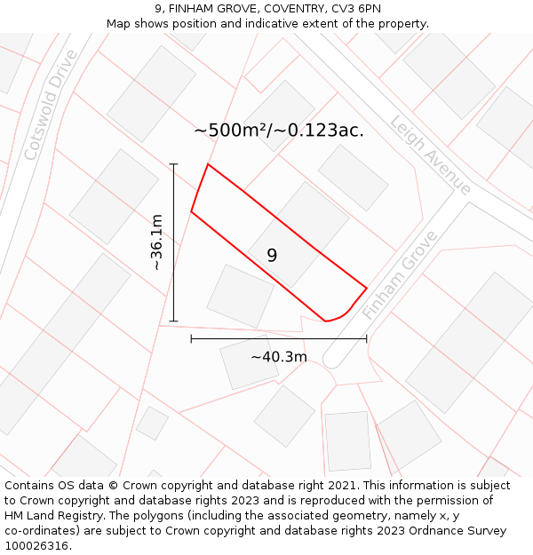 9, FINHAM GROVE, COVENTRY, CV3 6PN: Plot and title map