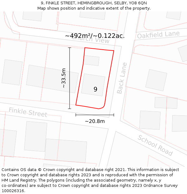 9, FINKLE STREET, HEMINGBROUGH, SELBY, YO8 6QN: Plot and title map