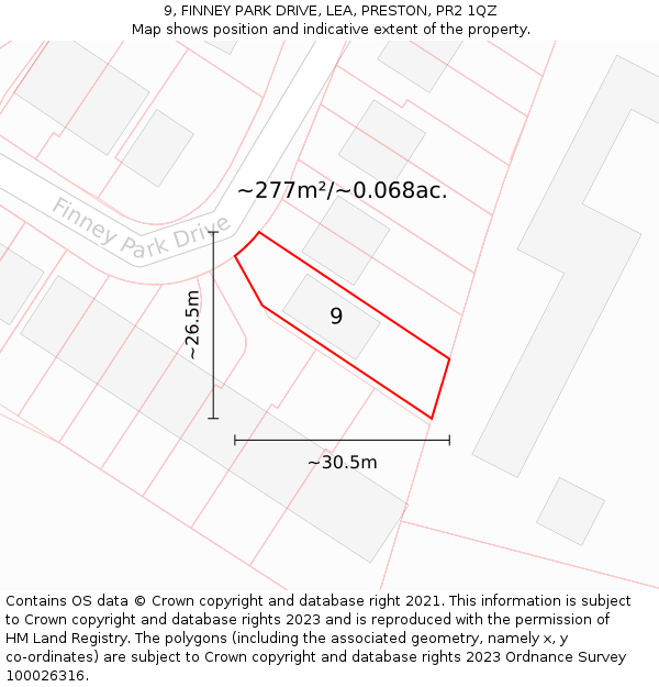 9, FINNEY PARK DRIVE, LEA, PRESTON, PR2 1QZ: Plot and title map