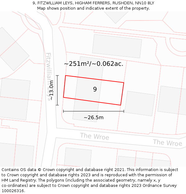 9, FITZWILLIAM LEYS, HIGHAM FERRERS, RUSHDEN, NN10 8LY: Plot and title map