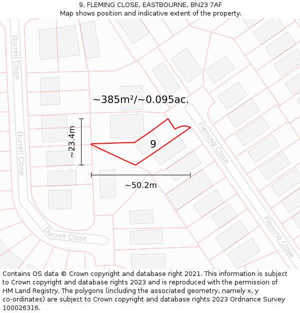 9, FLEMING CLOSE, EASTBOURNE, BN23 7AF: Plot and title map