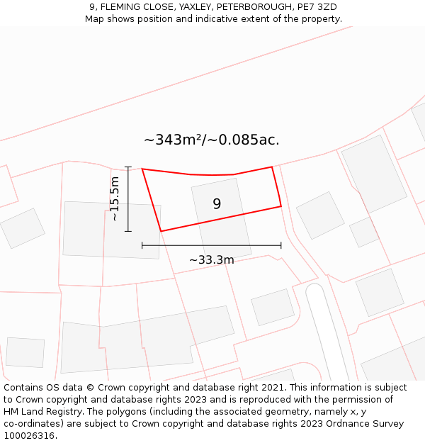 9, FLEMING CLOSE, YAXLEY, PETERBOROUGH, PE7 3ZD: Plot and title map