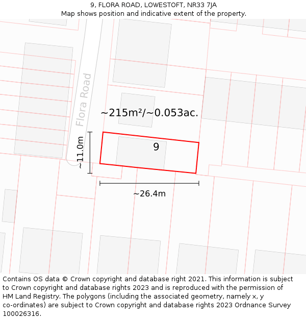 9, FLORA ROAD, LOWESTOFT, NR33 7JA: Plot and title map