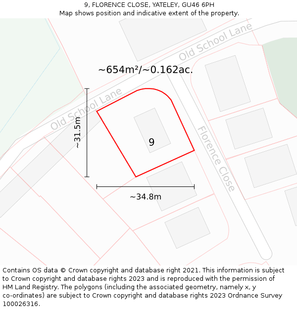 9, FLORENCE CLOSE, YATELEY, GU46 6PH: Plot and title map