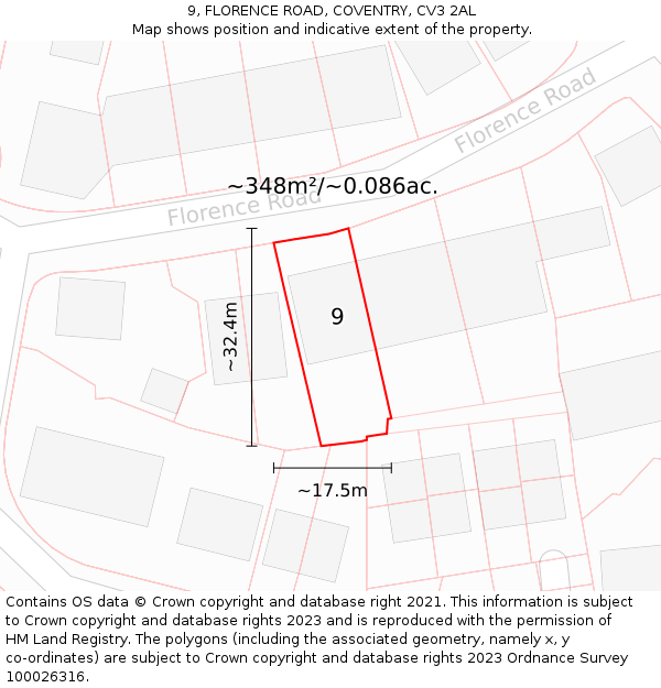 9, FLORENCE ROAD, COVENTRY, CV3 2AL: Plot and title map