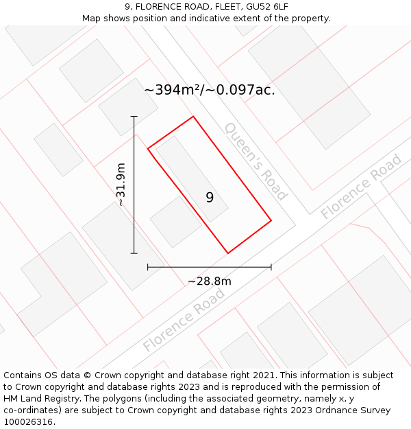9, FLORENCE ROAD, FLEET, GU52 6LF: Plot and title map