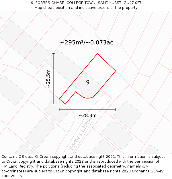 9, FORBES CHASE, COLLEGE TOWN, SANDHURST, GU47 0FT: Plot and title map