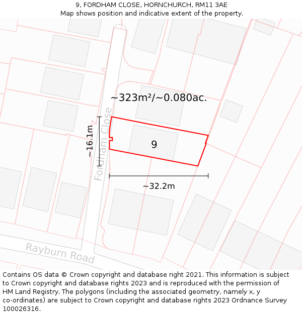 9, FORDHAM CLOSE, HORNCHURCH, RM11 3AE: Plot and title map