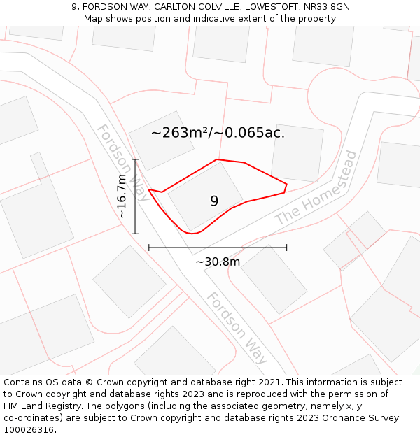 9, FORDSON WAY, CARLTON COLVILLE, LOWESTOFT, NR33 8GN: Plot and title map