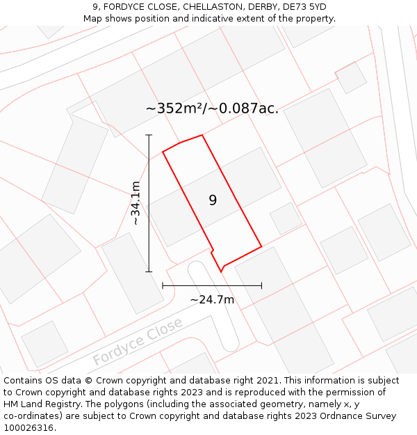 9, FORDYCE CLOSE, CHELLASTON, DERBY, DE73 5YD: Plot and title map