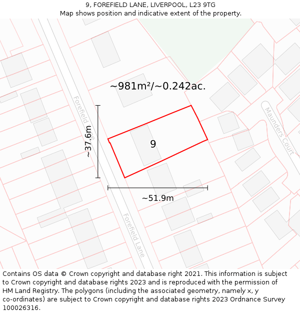 9, FOREFIELD LANE, LIVERPOOL, L23 9TG: Plot and title map