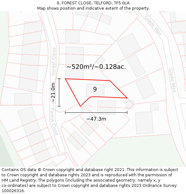 9, FOREST CLOSE, TELFORD, TF5 0LA: Plot and title map