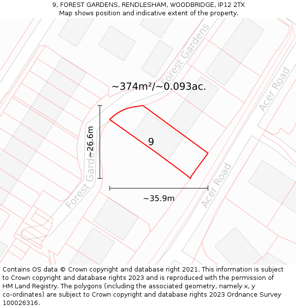 9, FOREST GARDENS, RENDLESHAM, WOODBRIDGE, IP12 2TX: Plot and title map
