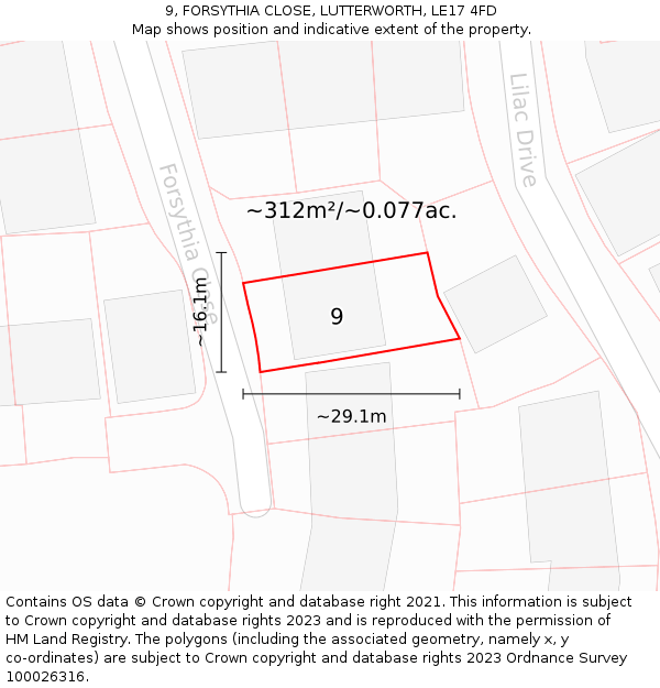9, FORSYTHIA CLOSE, LUTTERWORTH, LE17 4FD: Plot and title map