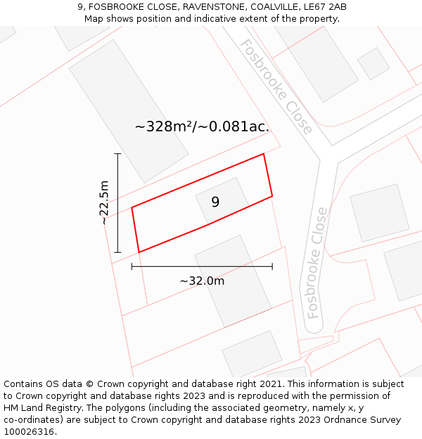 9, FOSBROOKE CLOSE, RAVENSTONE, COALVILLE, LE67 2AB: Plot and title map