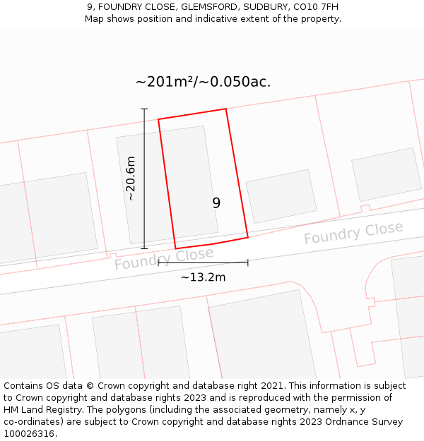 9, FOUNDRY CLOSE, GLEMSFORD, SUDBURY, CO10 7FH: Plot and title map
