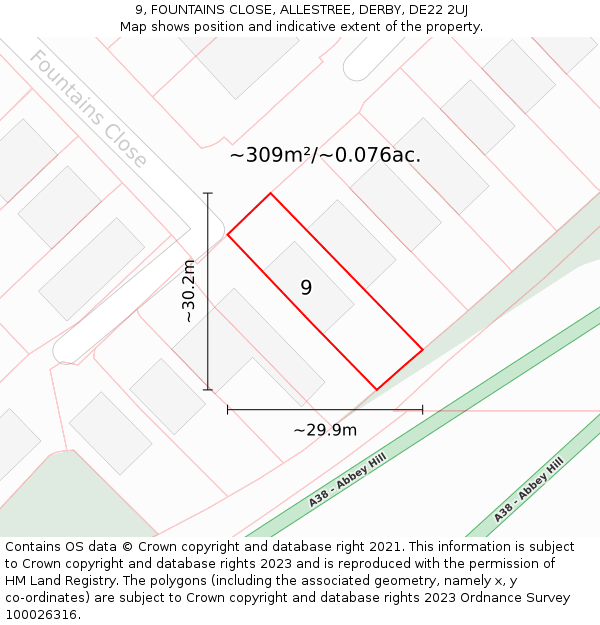 9, FOUNTAINS CLOSE, ALLESTREE, DERBY, DE22 2UJ: Plot and title map
