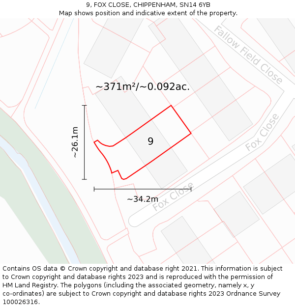 9, FOX CLOSE, CHIPPENHAM, SN14 6YB: Plot and title map