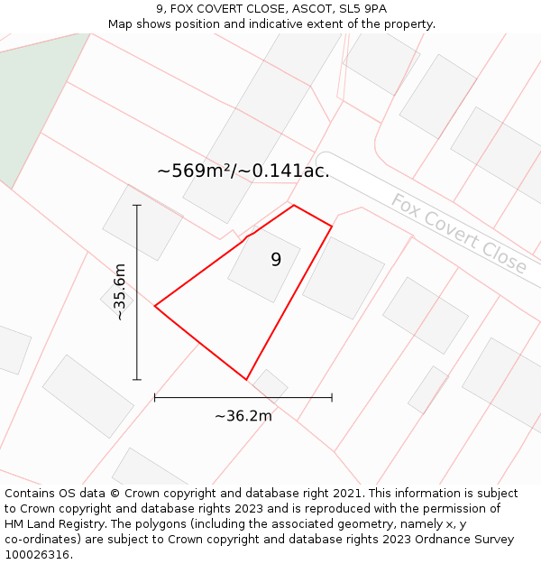 9, FOX COVERT CLOSE, ASCOT, SL5 9PA: Plot and title map