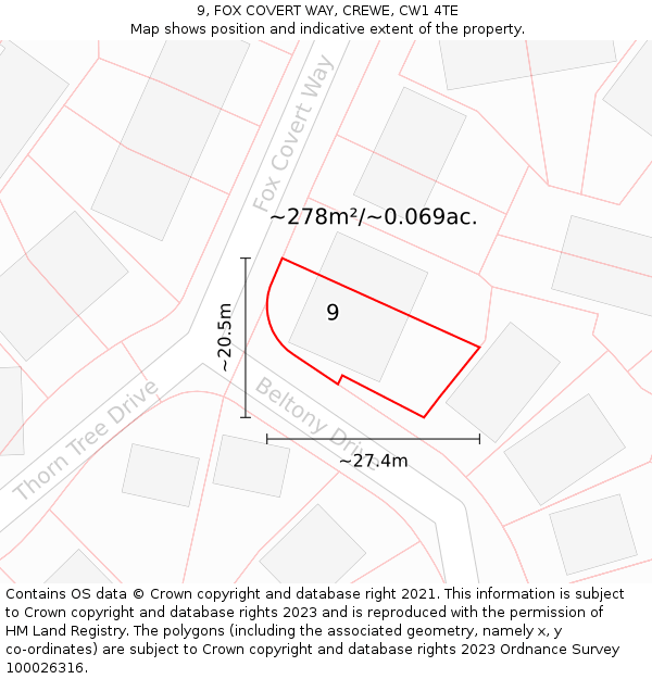 9, FOX COVERT WAY, CREWE, CW1 4TE: Plot and title map